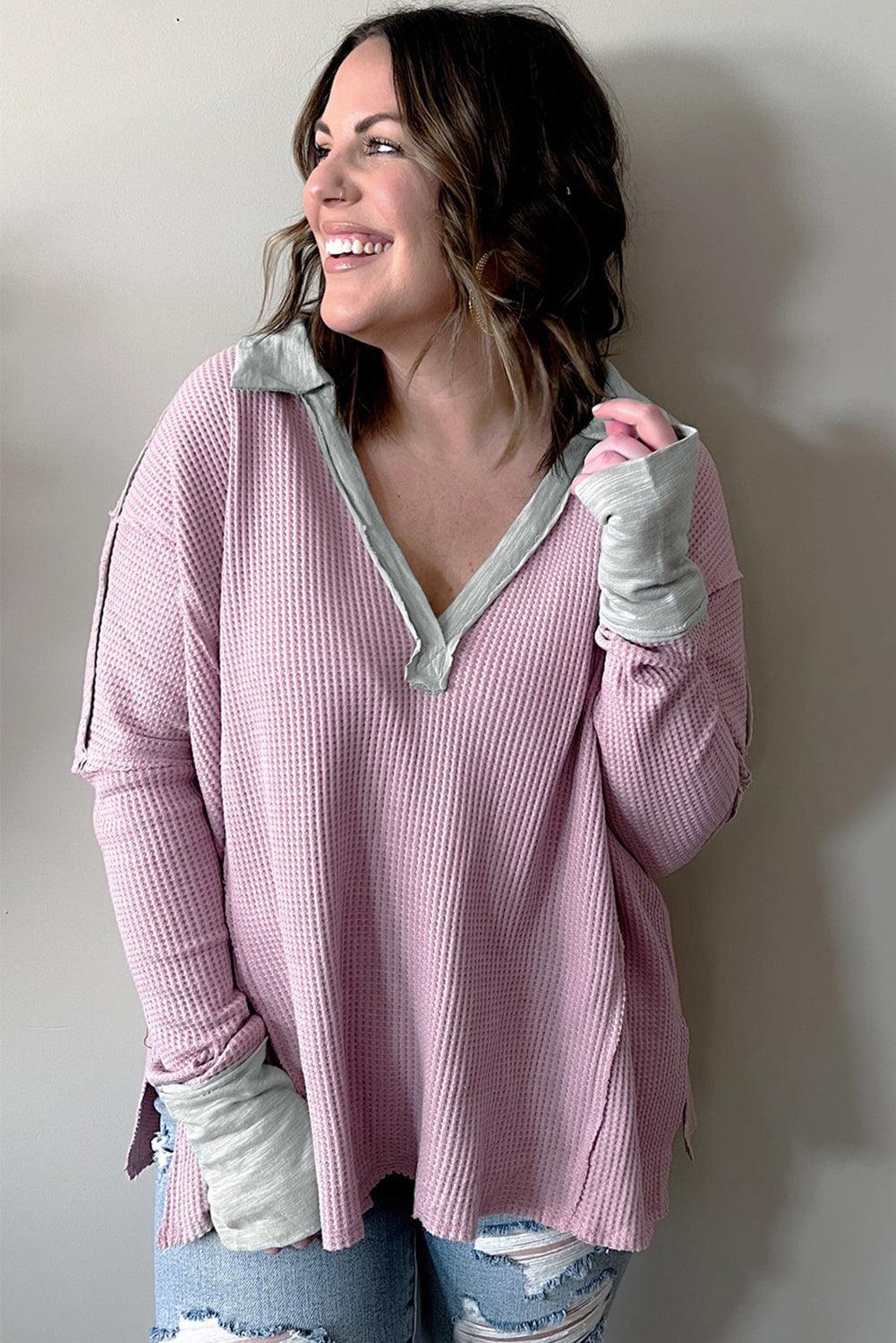 Pink Plus Size Exposed Seam Waffle Knit Top - L & M Kee, LLC