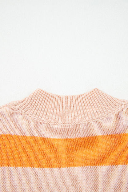 Orange Stripe Color Block High Neck Drop Shoulder Cozy Sweater