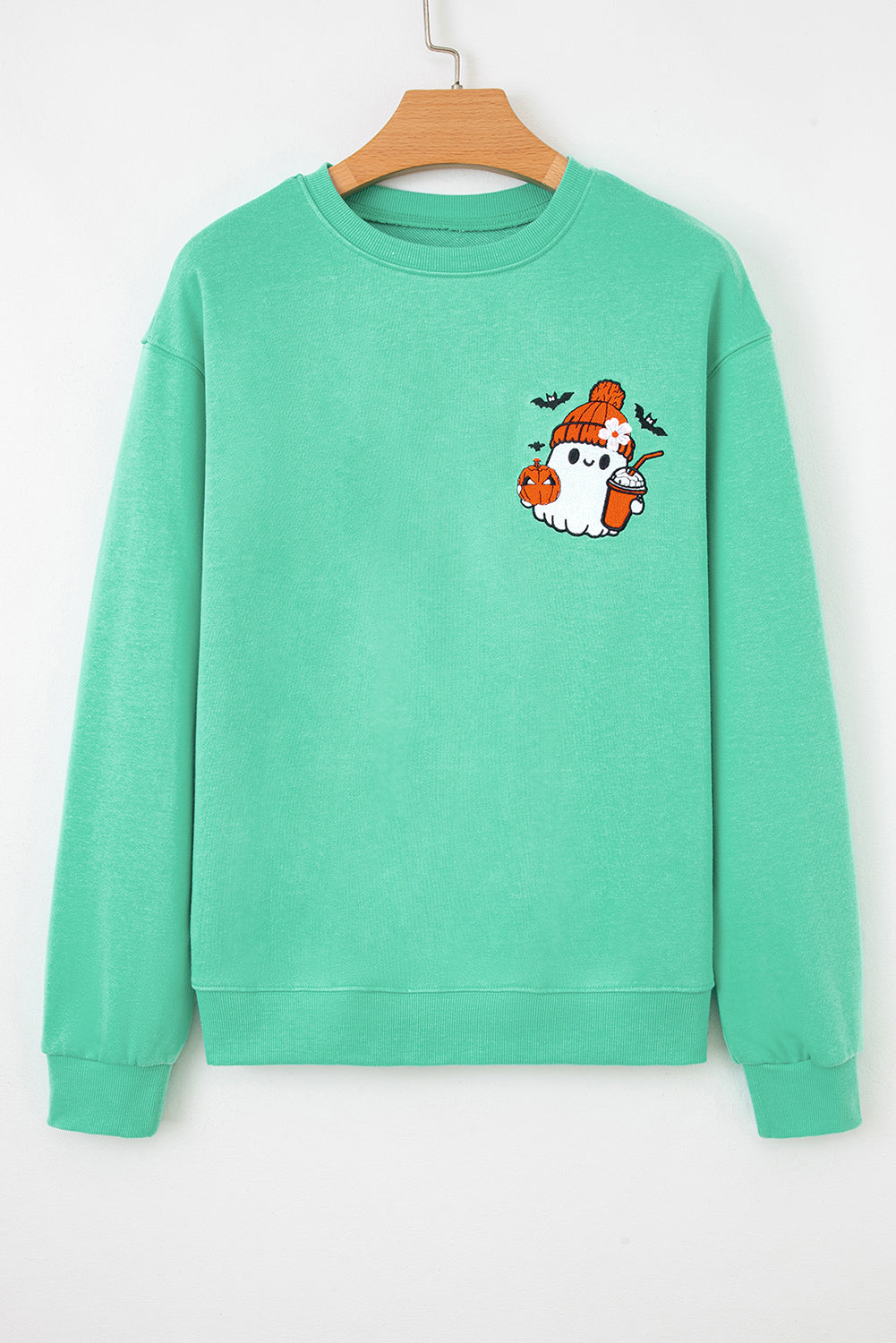 Aruba Blue Cute Halloween Ghost Embroidered Casual Sweatshirt