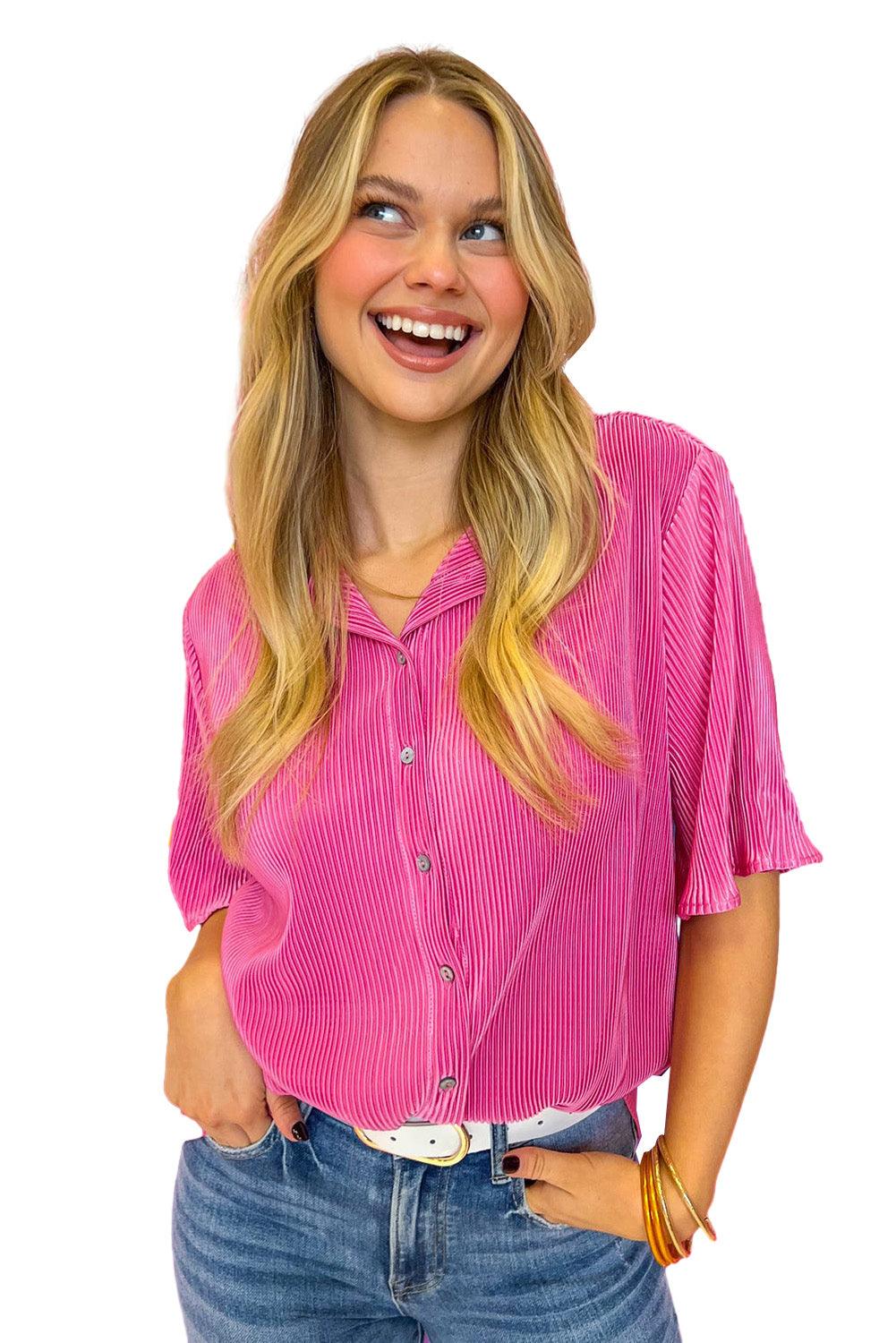 Bright Pink Satin Pleated Short Sleeve Shirt - L & M Kee, LLC