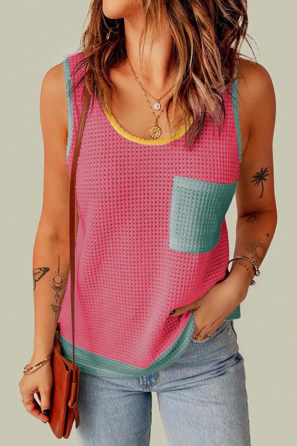 Strawberry Pink Color Block Patched Pocket Breathable Knit Tank Top - L & M Kee, LLC