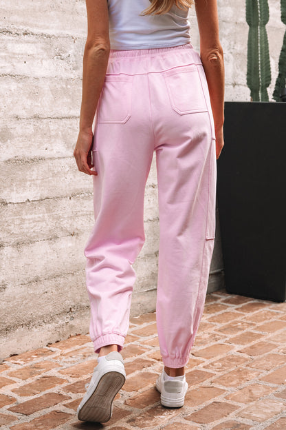 Light Pink Drawstring Waist Patchwork Solid Color Jogger Pants