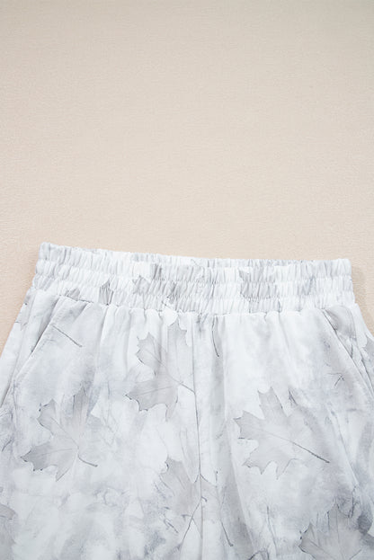 Beige Camo Print Pullover Top and Elastic Waist Casual Short Set