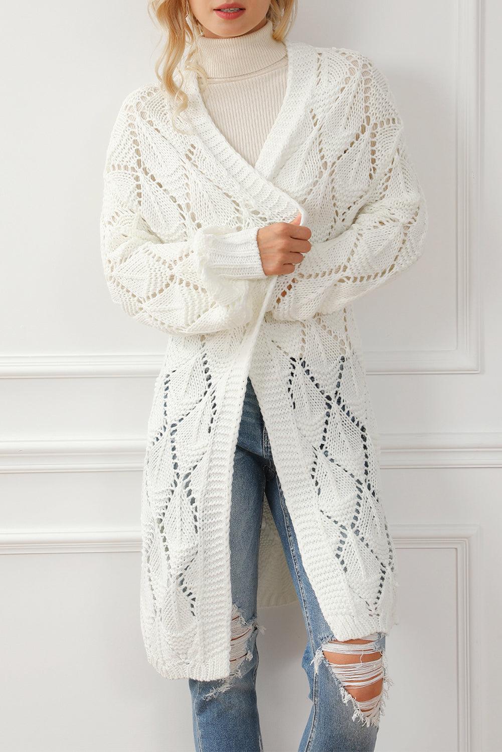 White Rhombus Hollowed Knit Open Front Cardigan - L & M Kee, LLC