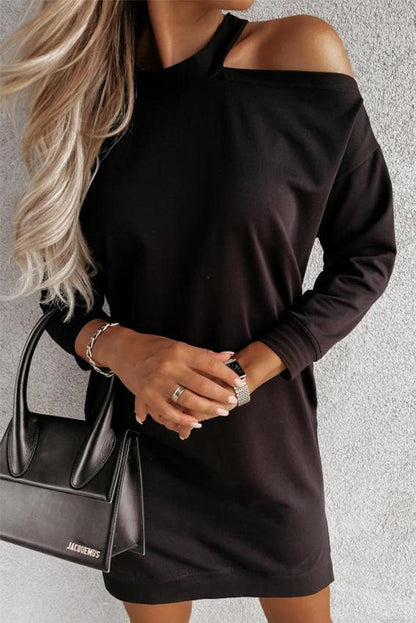Black Single Cold Shoulder T-shirt Dress with Slits - L & M Kee, LLC