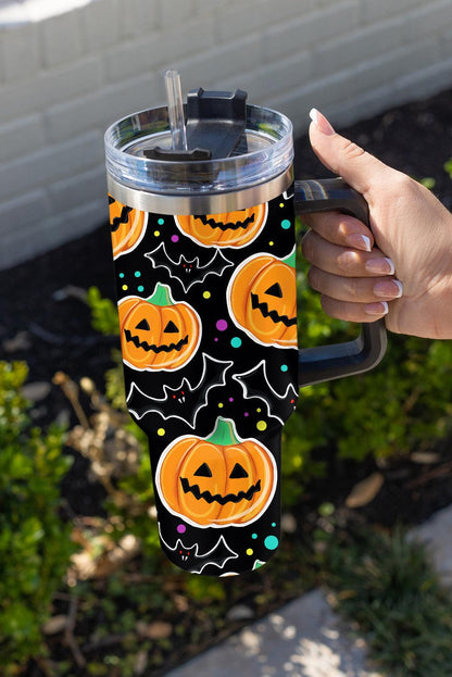 Black Halloween Pumpkin Bat Printed Tumbler with Straw - L & M Kee, LLC