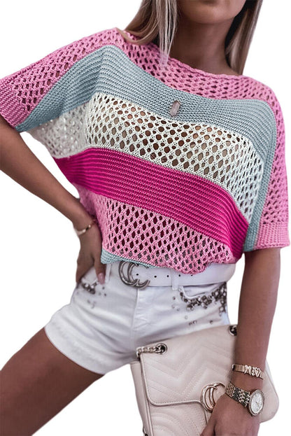 Knitted Eyelet Colorblock Striped Half Sleeves Top