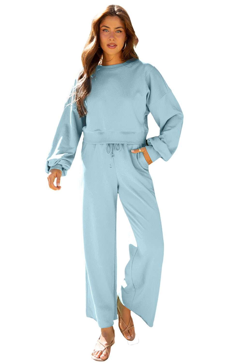 Mist Blue Drop Shoulder Puff Sleeve Crop Pullover Drawstring Wide Leg Pants Set