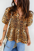 Leopard Print Short Puff Sleeve Slit Neck Babydoll Blouse