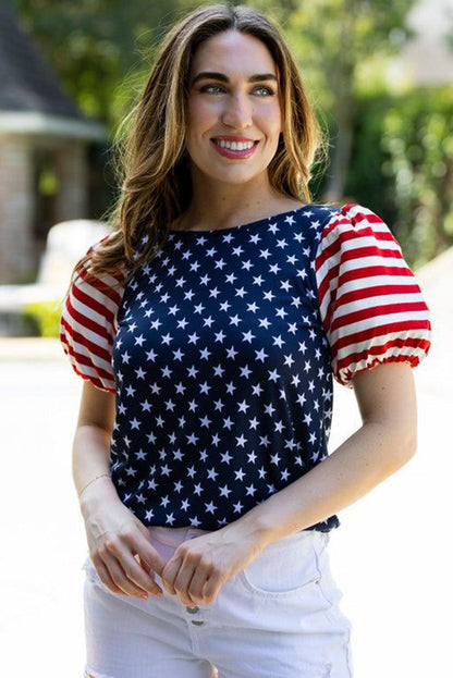 Navy Blue 4th Of July Stars Stripes Puff Sleeve T Shirt - L & M Kee, LLC