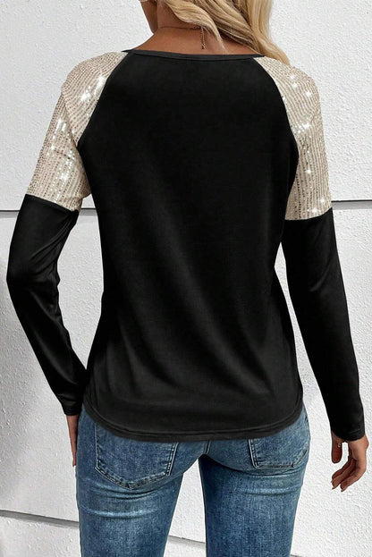 Black Sequin Patch Chest Pocket Raglan Sleeve Top - L & M Kee, LLC