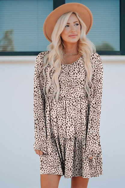 Leopard Animal Print Tiered Long Sleeve Dress - L & M Kee, LLC