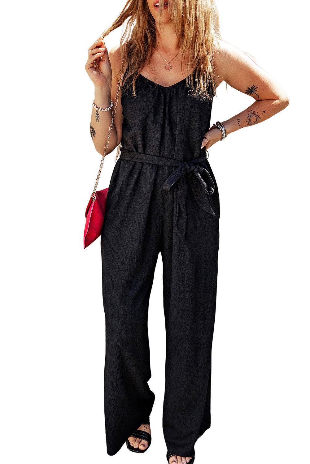 Black Textured Belted Wide Leg Sleeveless Jumpsuit - L & M Kee, LLC