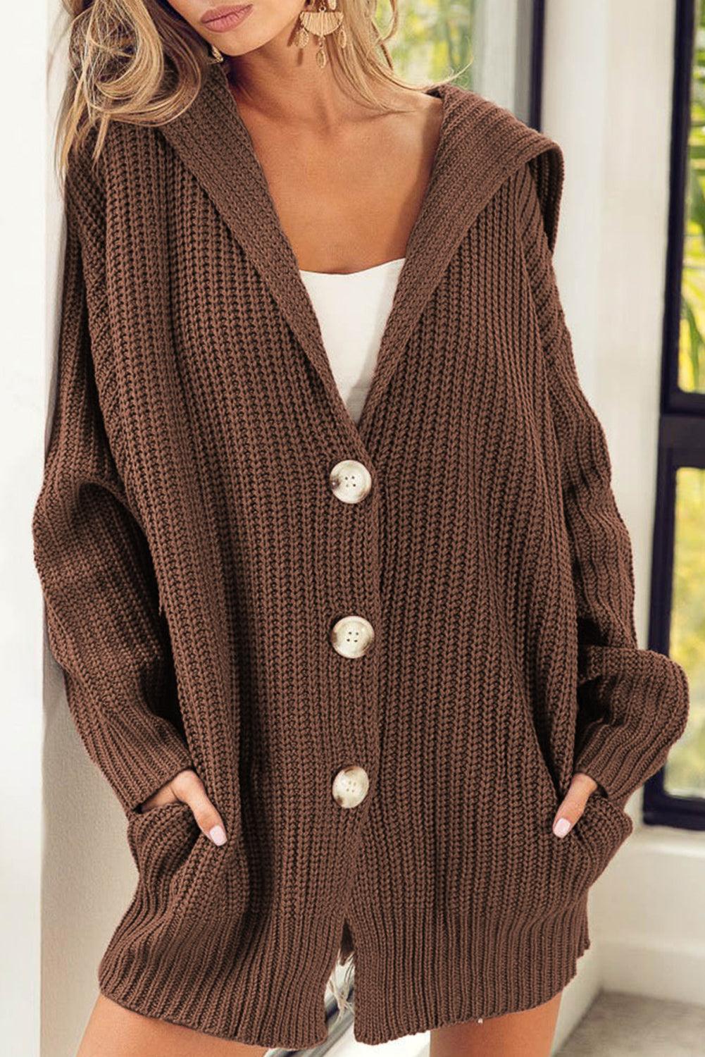 Brown Chunky Knit Lapel Collar Button up Cardigan - L & M Kee, LLC