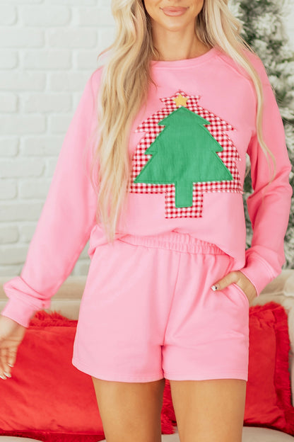 Sachet Pink Plaid Contrasted Double Christmas Tree Patched Raglan Sleeve Pullover 2pcs Short Set