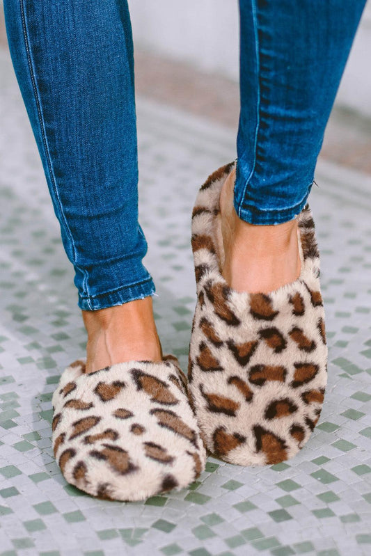Camel Leopard Print Fuzzy Home Slippers