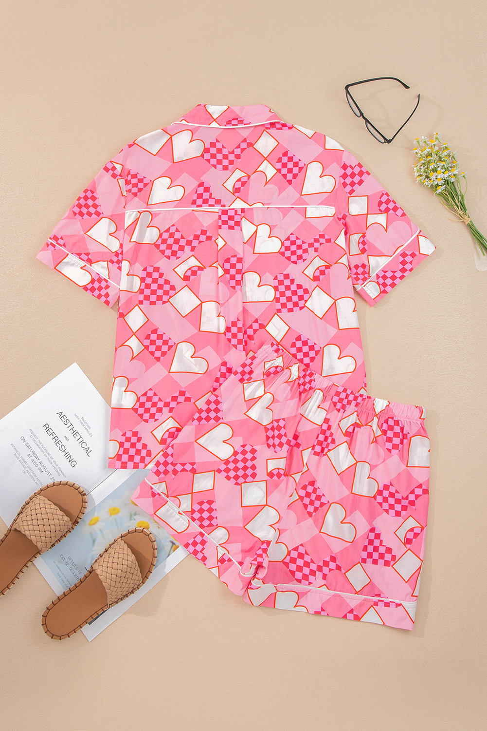 Pink Heart Print Shirt Style Silky Short Pajama Set