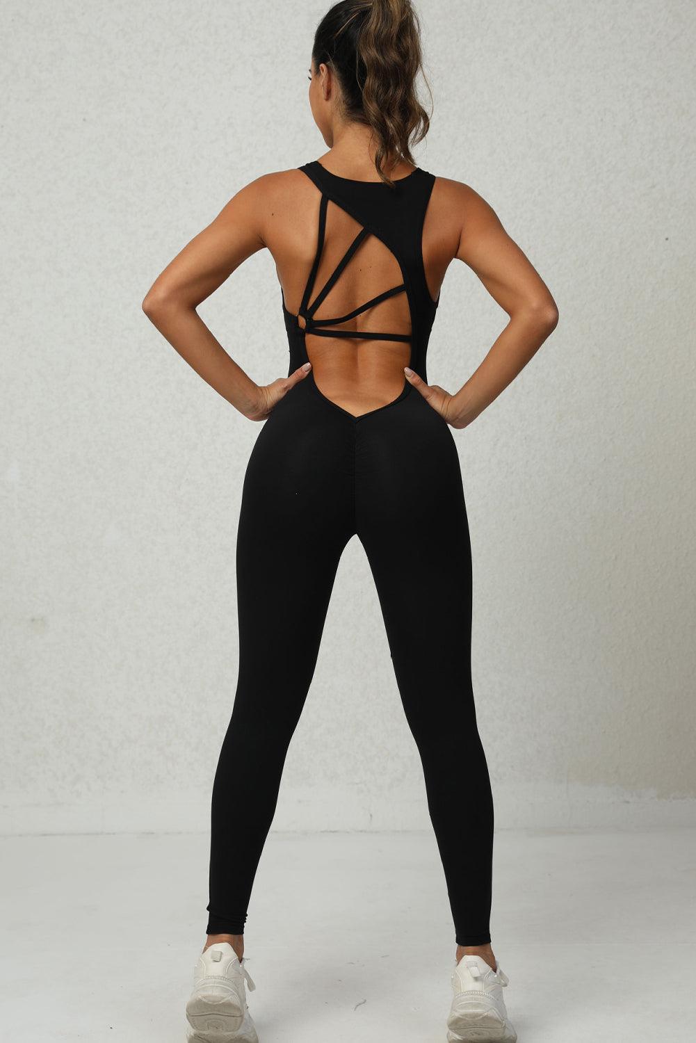 Black Sleeveless Front Cut out V Neck Yoga Jumpsuit - L & M Kee, LLC