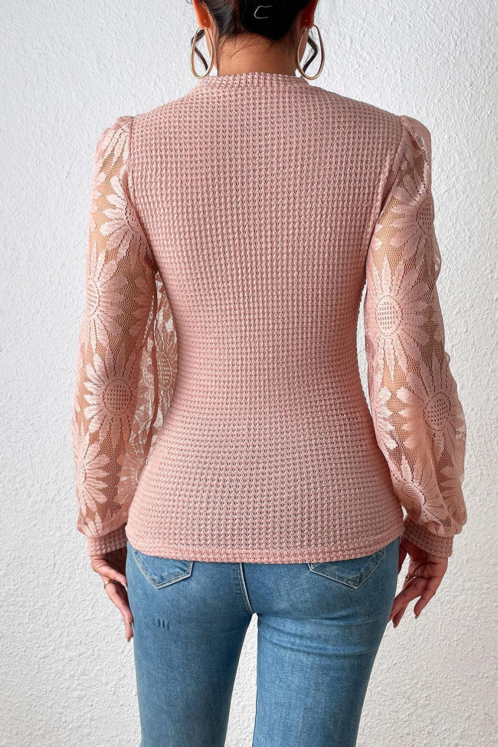 Peach Blossom Sunflower Mesh Bubble Sleeve Waffle Knit Top - L & M Kee, LLC