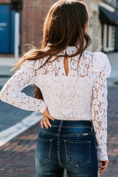 White Floral Lace Mock Neck Puff Long Sleeve Top - L & M Kee, LLC
