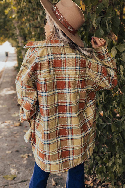 Red Oversized Flap Pockets Plaid Shacket with Slits - L & M Kee, LLC