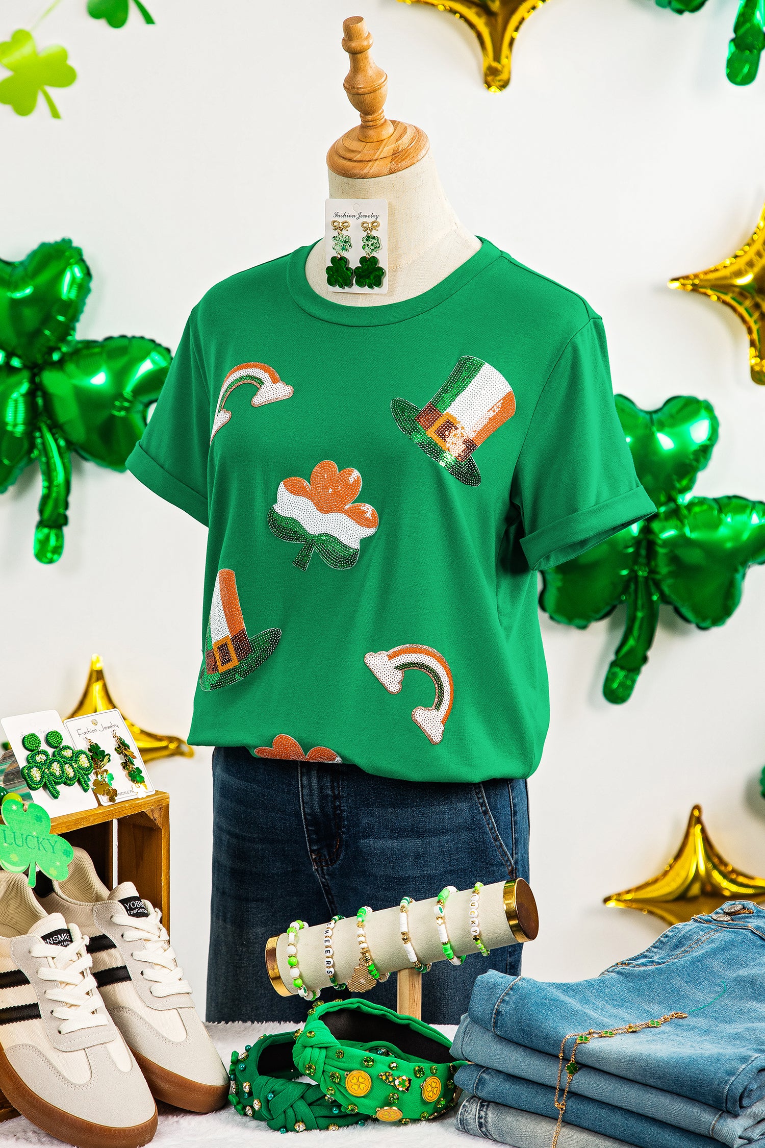 Bright Green St Patricks Day Elements Sequin Graphic Tee