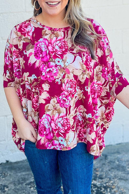 Red Floral Print Short Sleeve Plus Size Blouse - L & M Kee, LLC