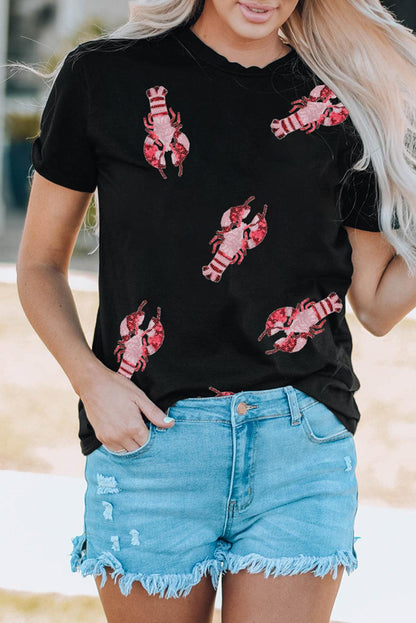 Black Sequined Crayfish Round Neck Graphic Tee - L & M Kee, LLC