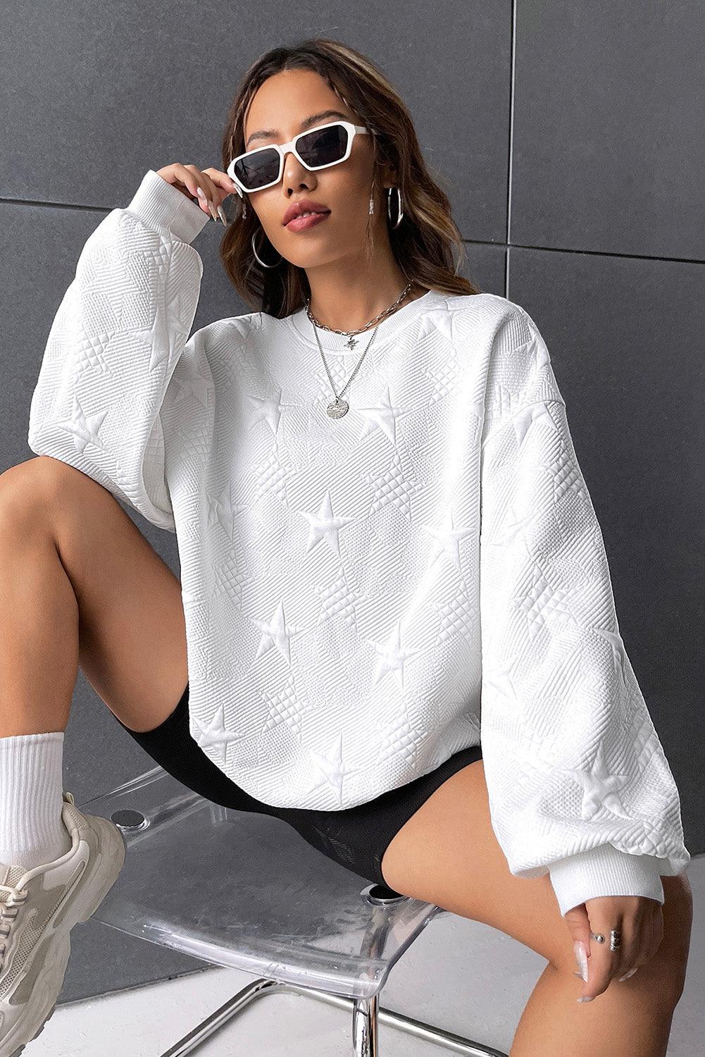 White Star Embossed Textured Drop Shoulder Sweatshirt - L & M Kee, LLC