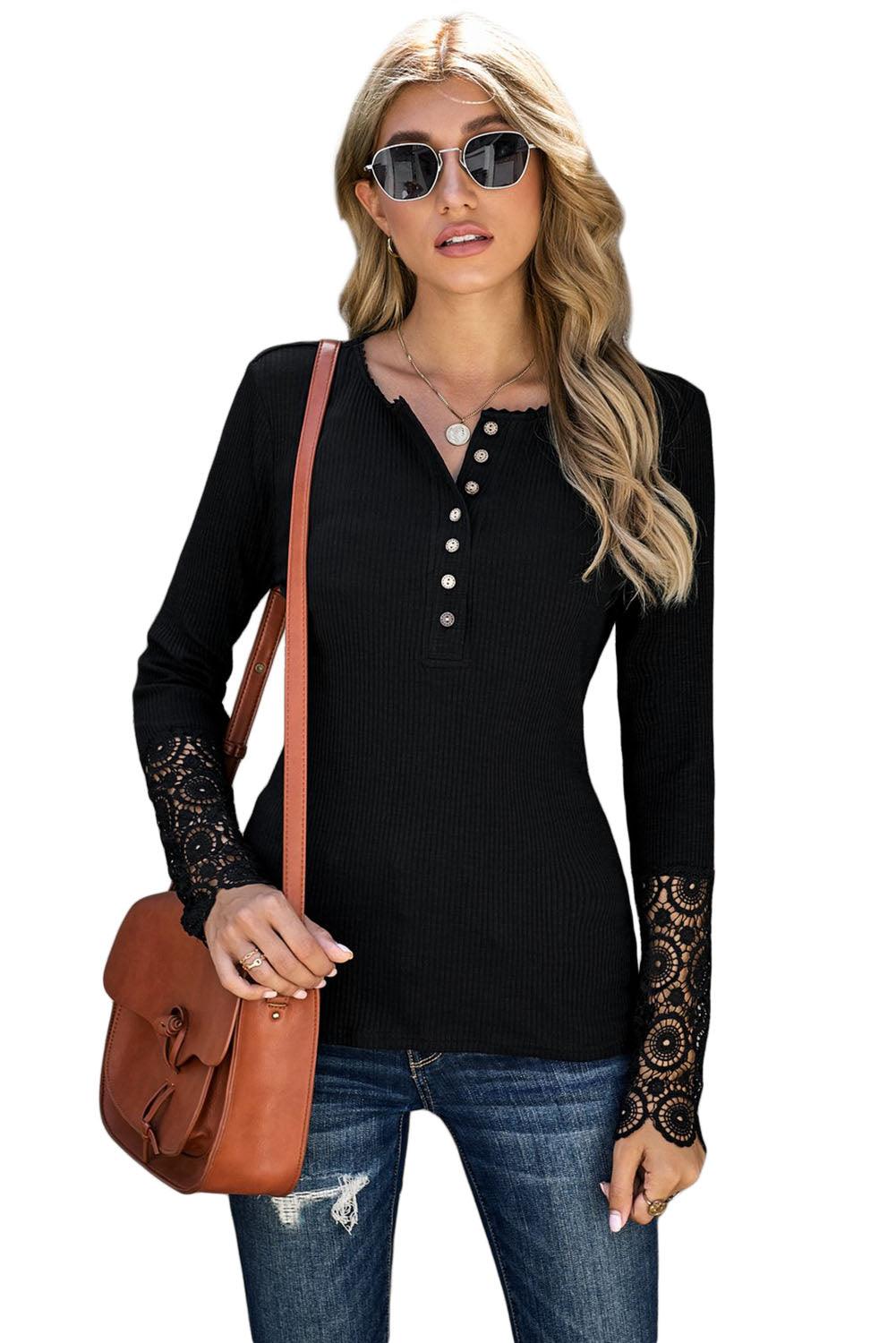 Black Crochet Lace Hem Sleeve Button Top - L & M Kee, LLC