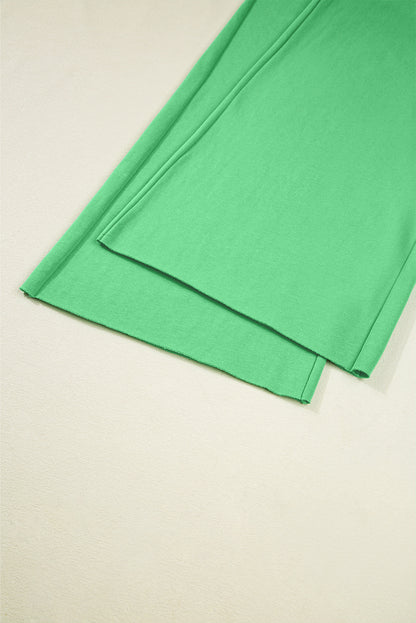Bright Green Drop Shoulder Puff Sleeve Crop Pullover Drawstring Wide Leg Pants Set