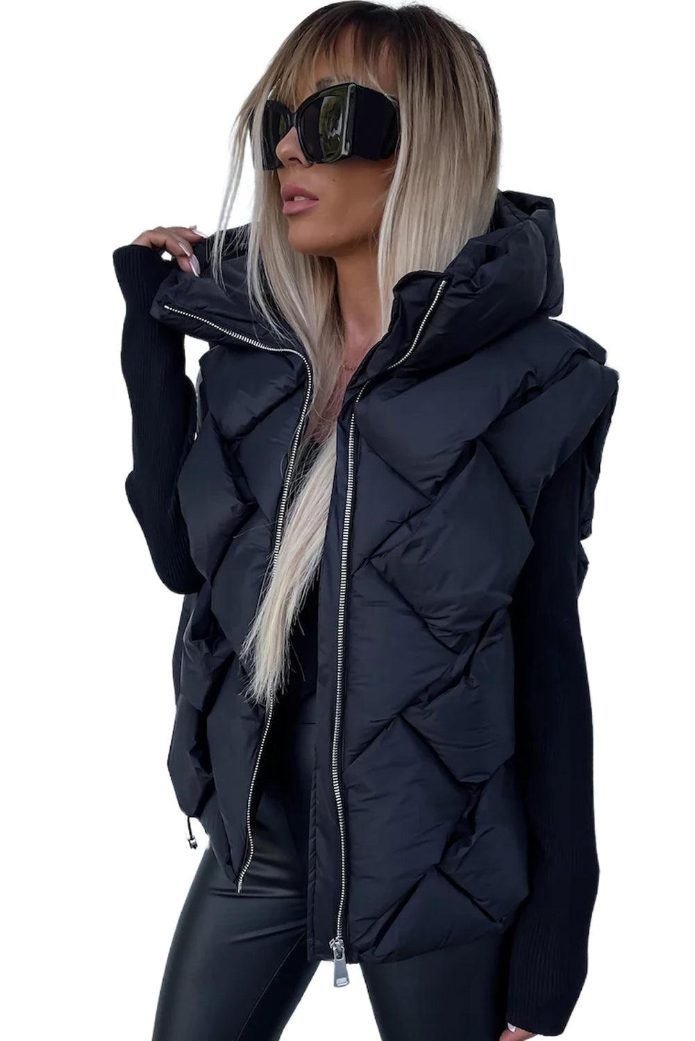 Black Quilted Zipper Front Hooded Vest Coat - L & M Kee, LLC