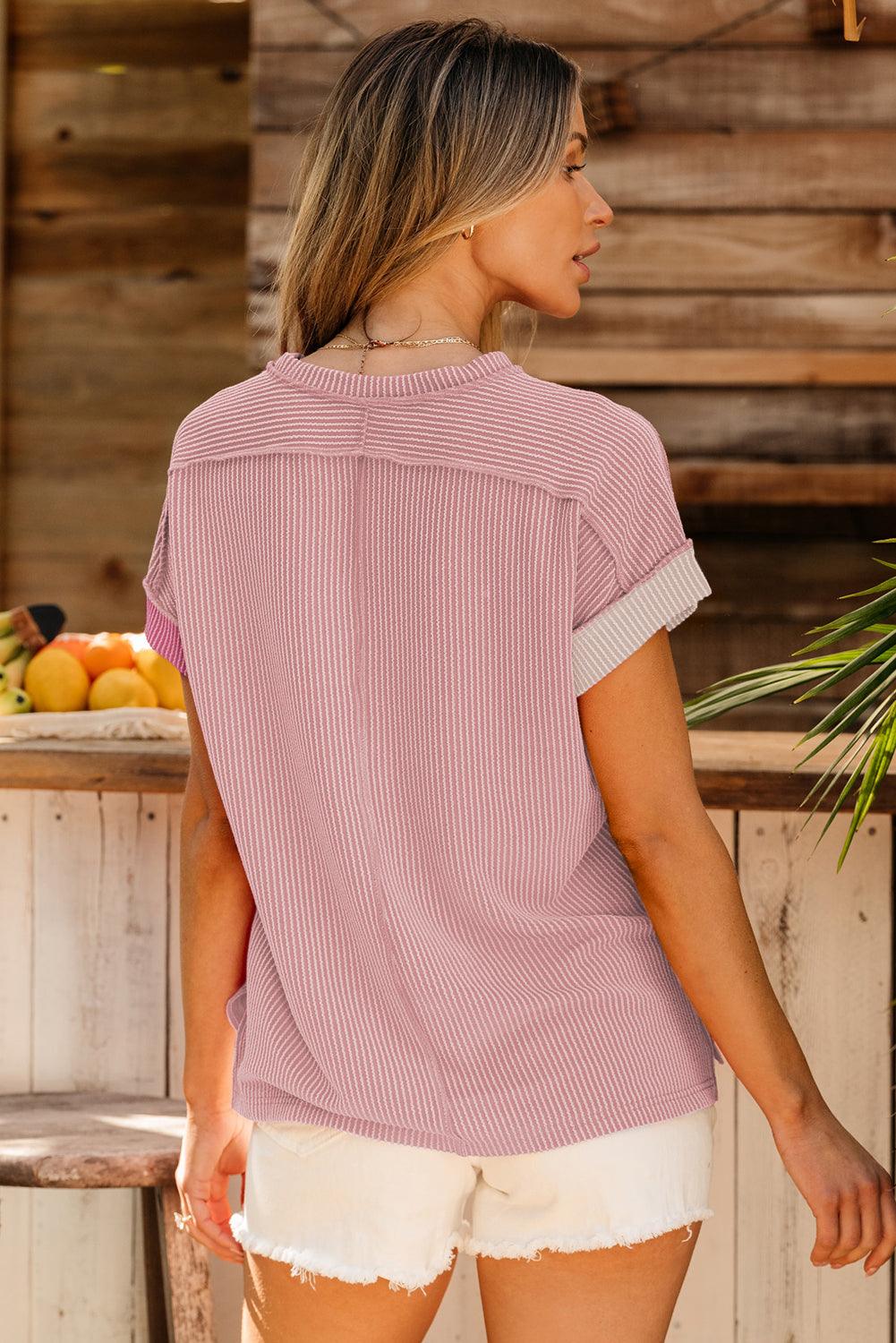 Pink Textured Colorblock Crew Neck T Shirt - L & M Kee, LLC