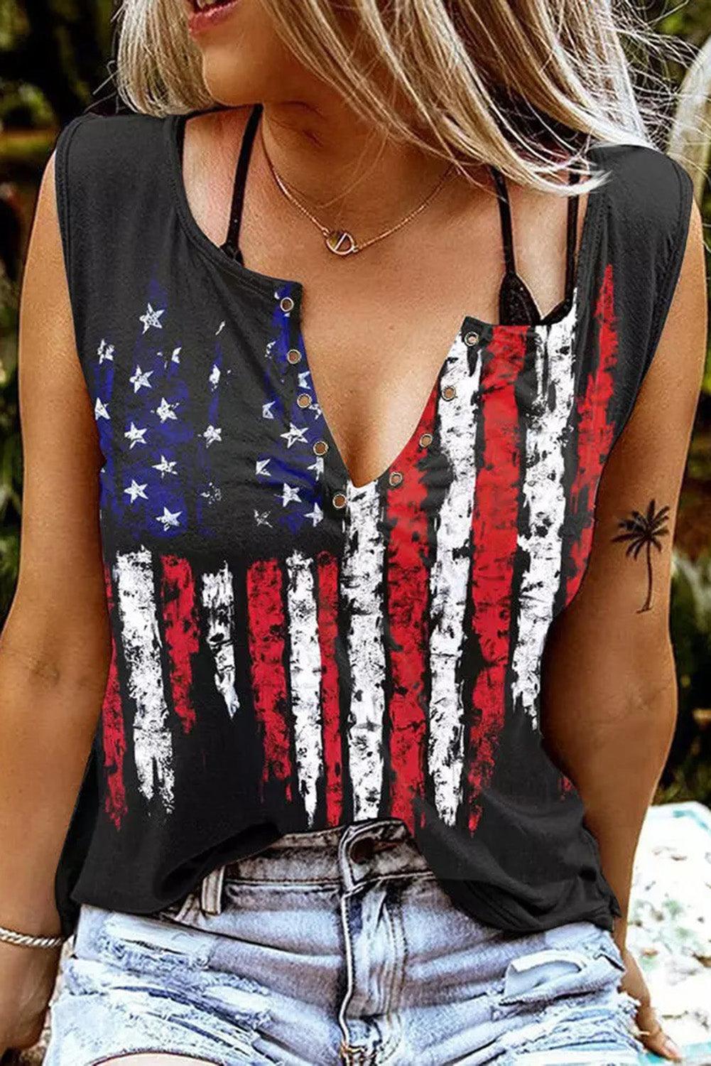 American Flag Printed Notched V-Neck Tank Top