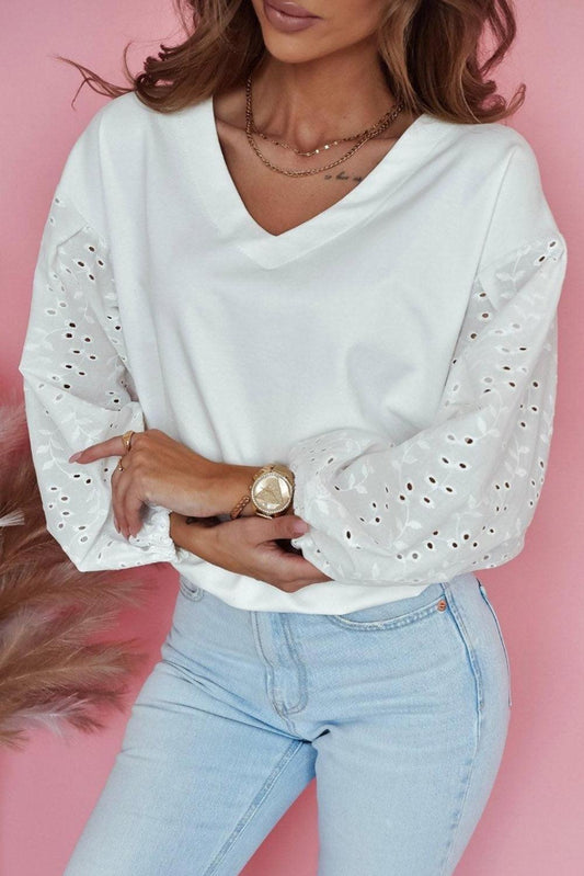 White V-neck Embroidered Patchwork Puff Sleeve Blouse - L & M Kee, LLC