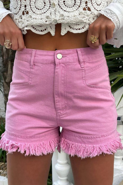 Pink Frayed Edge Mid Rise Denim Shorts - L & M Kee, LLC