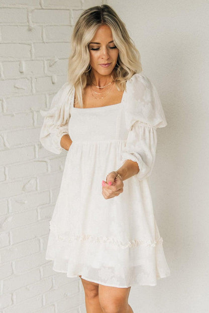 White Jacquard Square Neck Bubble Sleeve Dress - L & M Kee, LLC