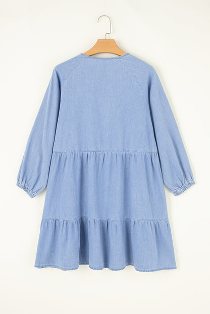 Black Puff Sleeve V Neck Tiered Ruffled Chambray Mini Dress