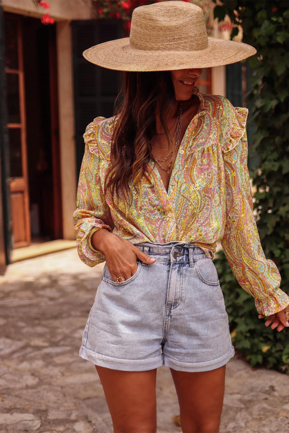 Yellow Paisley Print Ruffled Trim Boho Shirt - L & M Kee, LLC