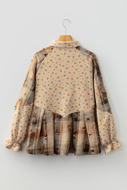 Oatmeal Boho Floral Plaid Patchwork Distressed Detail Ruffled Sleeve Waffle Knit Shacket