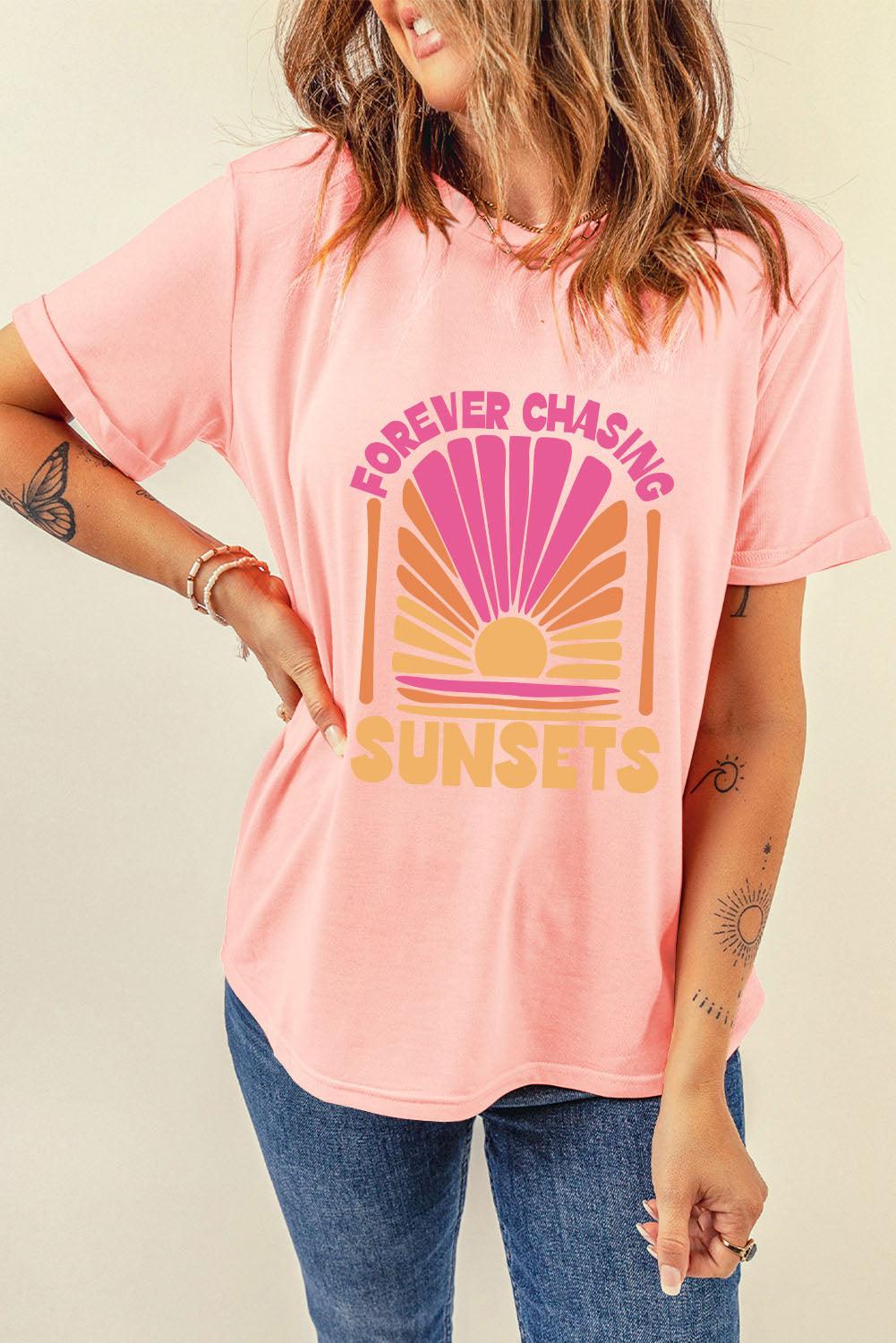 Pink FOREVER CHASING SUNSET Graphic T Shirt - L & M Kee, LLC