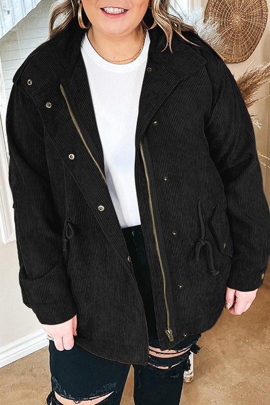 Black Plus Size Button Zipped Corduroy Jacket - L & M Kee, LLC