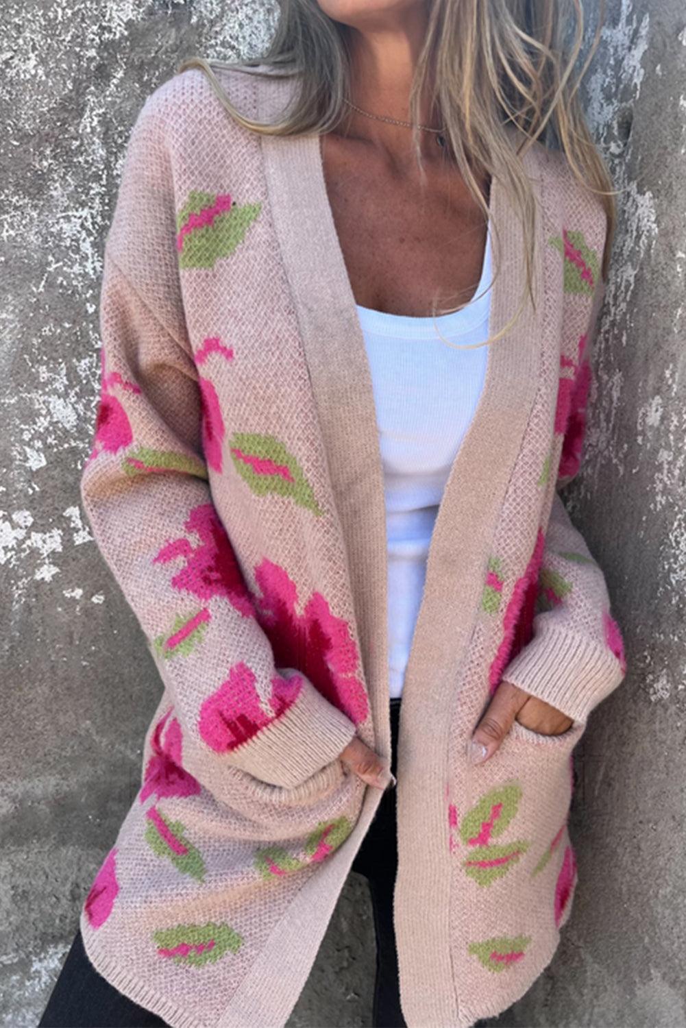 Floral Print Pocketed Open Front Cardigan - L & M Kee, LLC