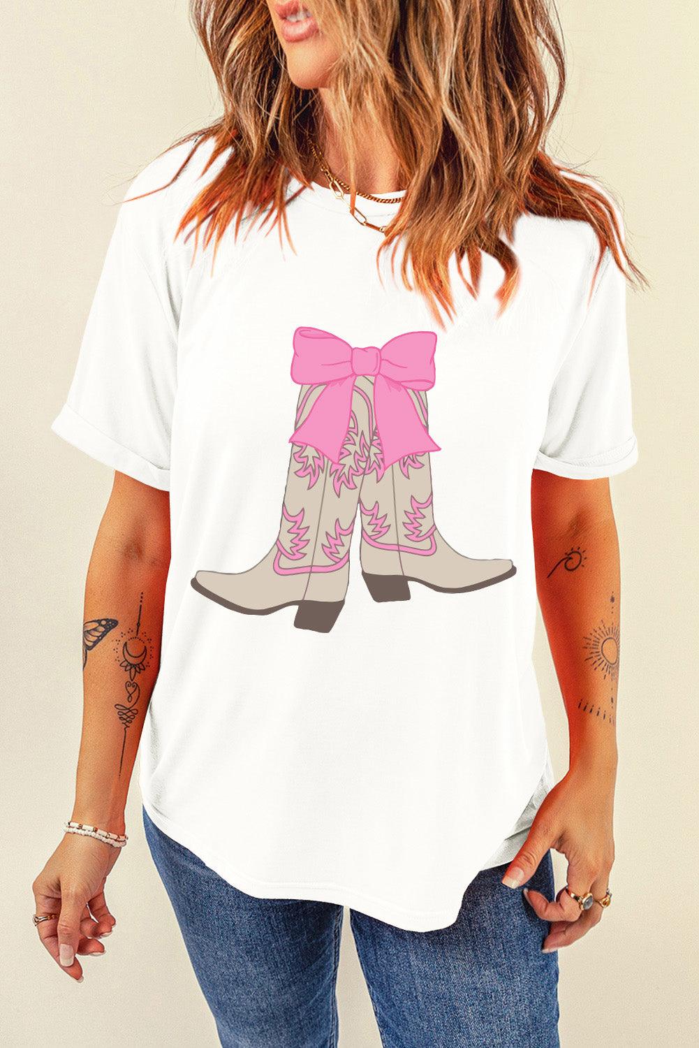 White Western Boots Bow Print Round Neck T Shirt