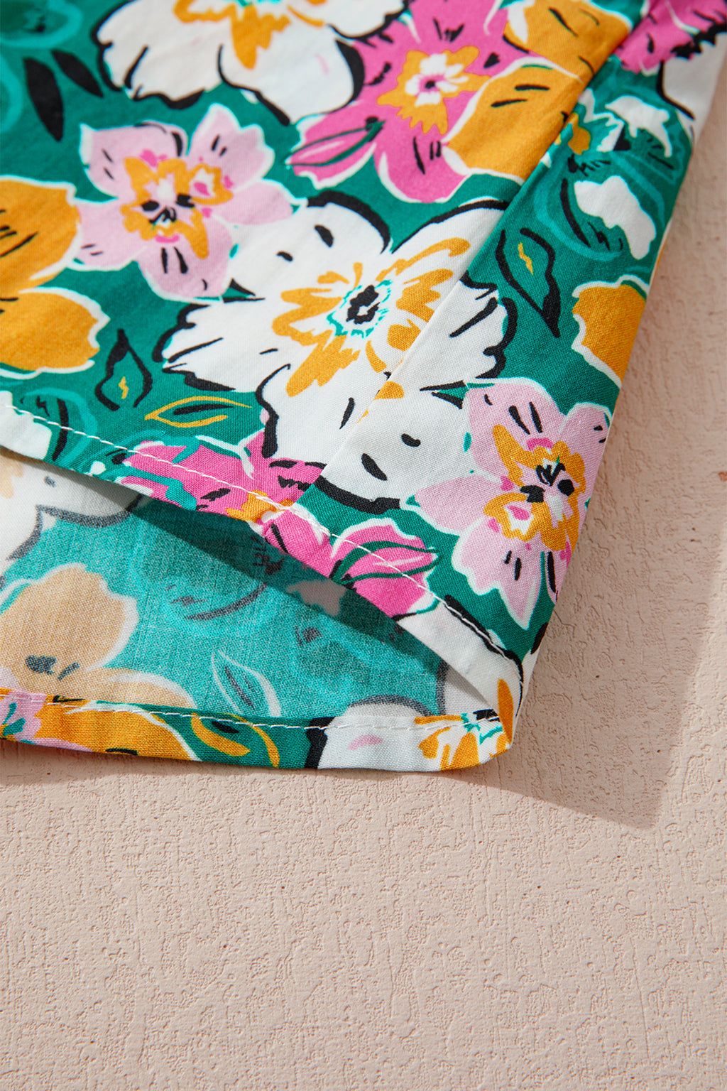 Green Floral Print Contrast Trim Frilled V Neck 3/4 Sleeve Blouse