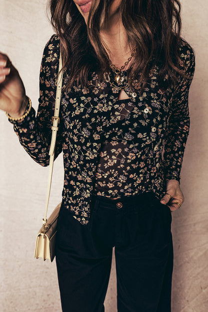 Black Floral Print Mesh Tank Button Front Slim Cardigan 2pcs Set