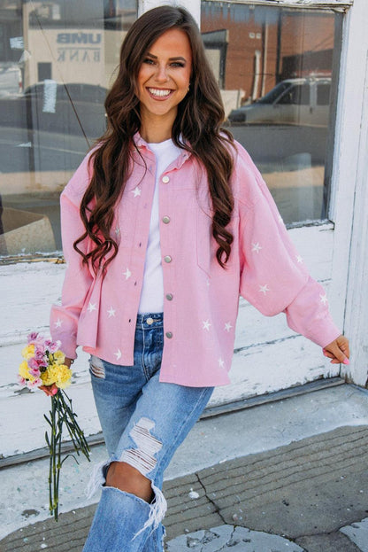 Pink Star Print Button Denim Jacket - L & M Kee, LLC