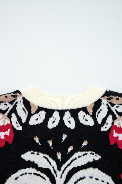 Beige Floral Print Buttoned Front V Neck Knit Cardigan