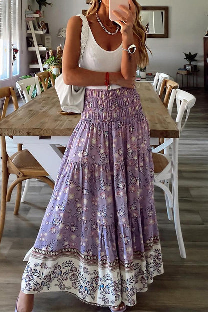 Floral Print Shirred High Waist Maxi Skirt - L & M Kee, LLC