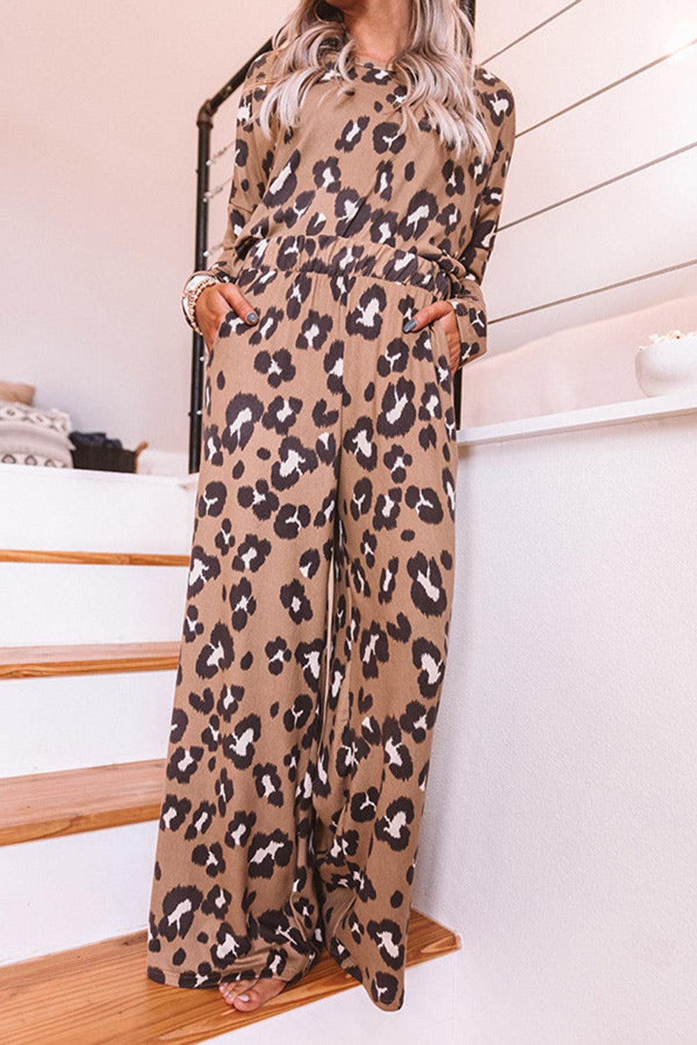 Brown Leopard Print Long Sleeve Pullover and Pants Outfit - L & M Kee, LLC
